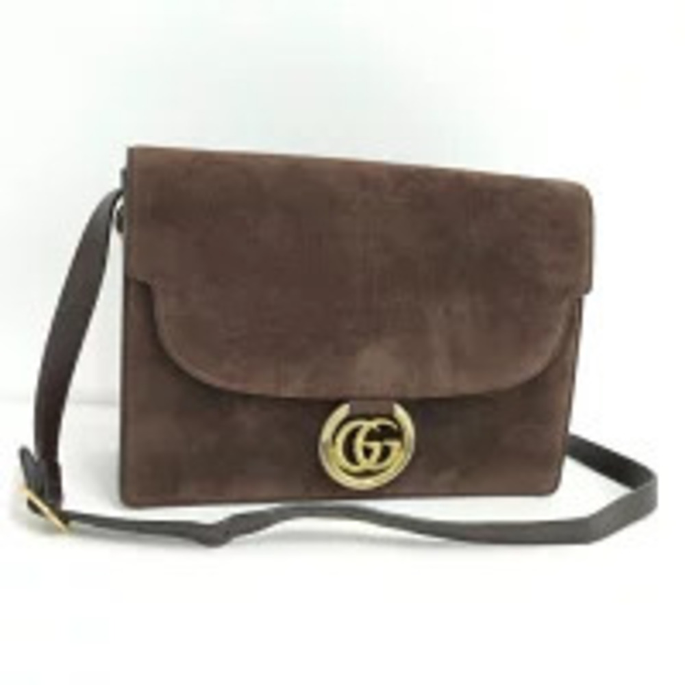 GUCCI Shoulder Bag GG Logo Suede Dark Brown